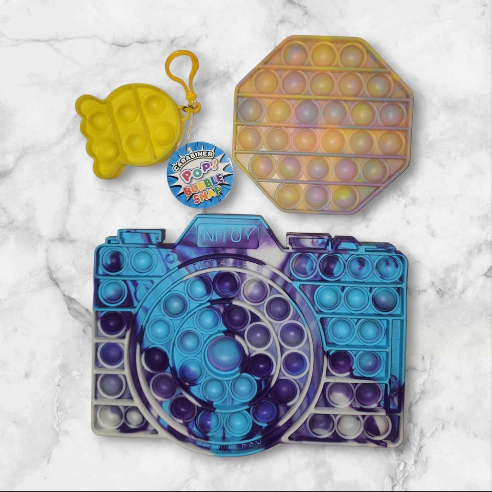 Pop-It Bubble Camera, Octagon & Fish Sensory Toy Set - Blue, Purple, Yellow, EUC